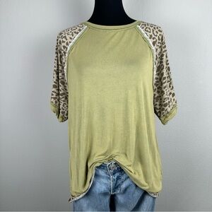 White Birch Tunic Top Sizs Small Pullover Leopard Sleeve Raw Trim Grunge Casual